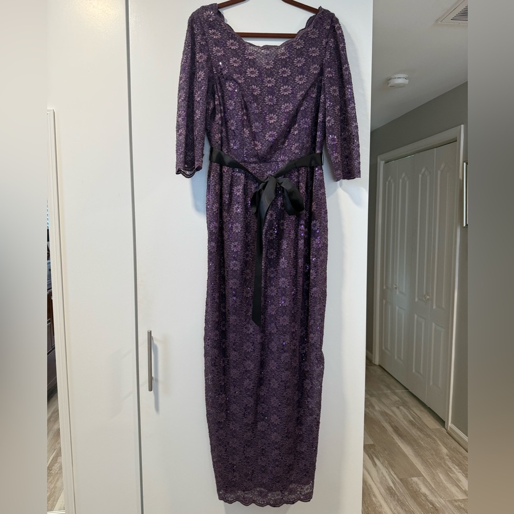 Formal Purple Lace Dress with Black Ribbon